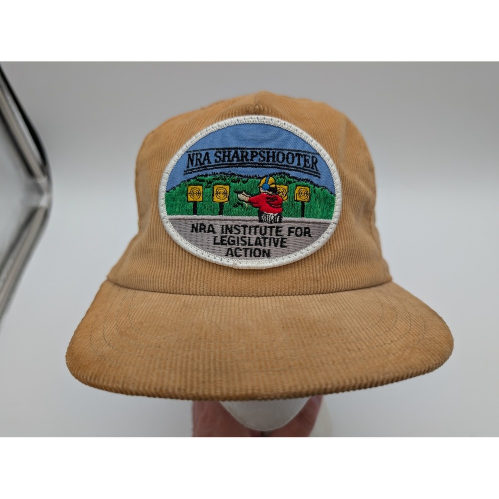 Vintage NRA Sharpshooter Corduroy Snapback Hat Tan Made in USA Patch Cap